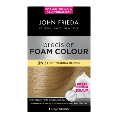 Abbildung von John Frieda Precision Foam Colour Farbe: 9N Light Natural Blonde Helles Blond Permanente Coloration in Schaumform Perfekte, gleichmäßige Abdeckung Für 1 Anwendung