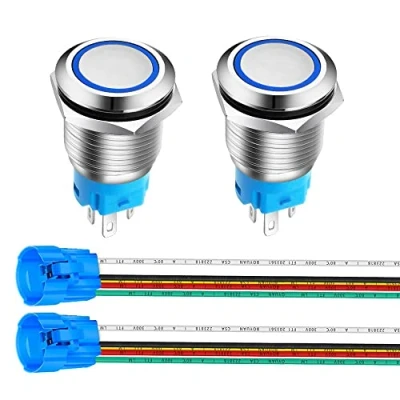 Abbildung von Gebildet 2Stücke 16mm Edelstahl Kurzzeitiger Drucktasten 12V 24V 5A LED 1NO1NC SPDT ON Off Wasserdichter mit Steckdose Stecker (Blau LED)