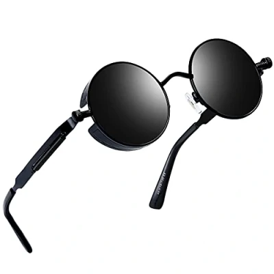 Abbildung von Joopin Retro Polarisierte Sonnenbrille Herren Rund Hippie Steampunk Brille Vintage Driving Sunglasses und Runde Sonennbrille Damen mit UV400 Schutz(Schwarz)