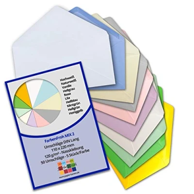Abbildung von 50 Brief Umschläge Farbenmix Paket 2 DIN Lang 110 x 220 mm (11 22 cm) Nassklebung ohne Fenster Ideal für Einladungs Karten Serie FarbenFroh