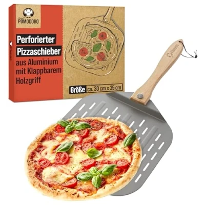 Abbildung von Chef Pomodoro Pizzaschieber 30,5 x 35,6 cm Faltbarer Griff Perforierte Aluminium Pizzaschaufel zum einfachen Einschieben des Pizzateigs Perfekt als Backofenzubehör und für Hobby Pizzabäcker