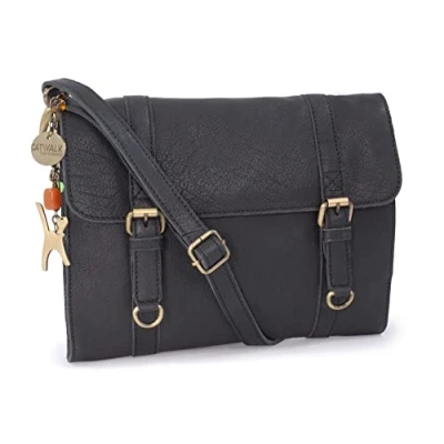 Abbildung von Catwalk Collection Handbags Damen Leder Umhängetasche Crossbody Bag/Handtasche Klein Verstellbarer Abnehmbarer Schultergurt AMY Schwarz