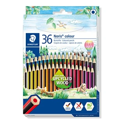 Abbildung von STAEDTLER Buntstifte Noris colour, rutschfeste Soft Oberfläche, hohe Bruchfestigkeit, Made from Upcycled Wood, intensive Farben, Sechskantformat, 36 Farbstifte im Kartonetui, 185 CD36