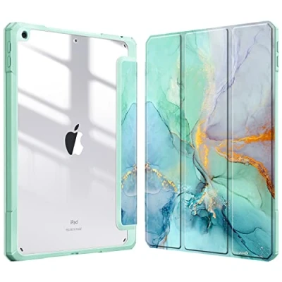 Abbildung von Fintie Hybrid Hülle für 10.2 Zoll iPad 9. Generation 2021/8. Gen 2020/7. 2019 mit Stifthalter Stoßfeste Schutzhülle transparenter Hartschale auf der Rückseite, SmaragdMarmor