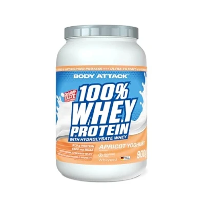 Abbildung von Body Attack 100% Whey Protein Apricot Yoghurt, 900 g Made in Germany Extra cremiges Eiweißpulver mit Hydrolysat &amp; BCAA&#039;s, unterstützt Muskelaufbau und Diäten Für Sportler Athleten