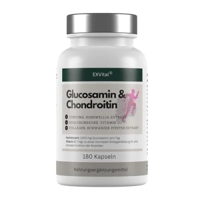 Abbildung von Glucosamin Chondroitin hochdosiert 1200 mg pro Tag mit Curcuma, Weihrauch, Hyaluronsäure, Vitamin C, Collagen &amp; Piperin 180 vegane Kapseln, laborgeprüft