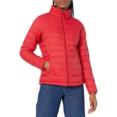 Abbildung von Amazon Essentials Damen Leichte, langärmelige, Wasserabweisende, packbare Pufferjacke (in Übergröße erhältlich), Rot, XXL