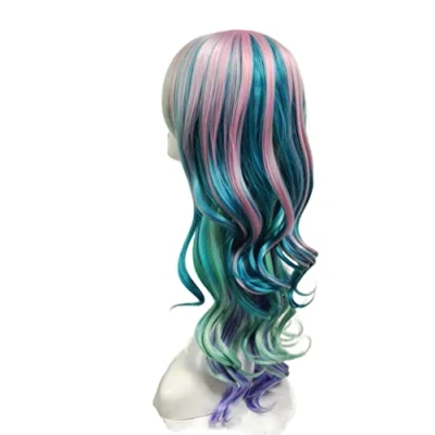 Abbildung von Prettyland Damen lange Perücke mehrfarbig bunt Regenbogen gewellt Locken Cosplay Event Wig grün lila rosa C675