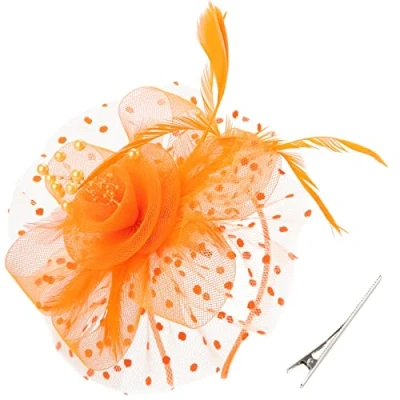 Abbildung von DRESHOW Fascinators Hut Blume Mesh Bänder Federn auf Einem Stirnband und Geteilten Clip Cocktail Tea Party Headwear für Mädchen Damen