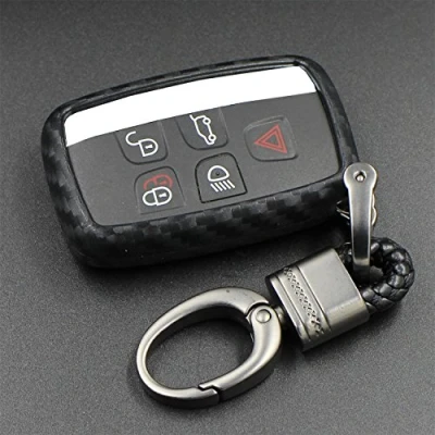 Abbildung von M.JVisun Weich Autoschlüssel Fall für Land Rover Discovery 4/Sport Freelander 2 Range Evoque/Sport/Velar Silikon TPU Kohlefaser Muster Abdeckung Schwarz Weben Schlüsselbund