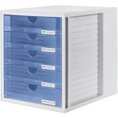 Abbildung von HAN Schubladenbox SYSTEMBOX mit 5 geschlossenen Schubladen, Schreibtisch oder im Schrank, inkl. Auszugsperre + Beschriftungsclip, möbelschonende Gummifüße, 1450 64, lichtgrau/transluzent blau