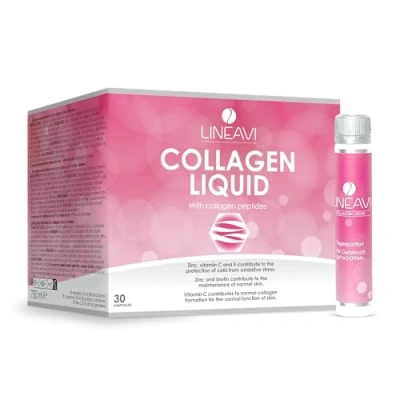 Abbildung von LINEAVI Kollagen Liquid, Trink Kollagen, mit Peptiden, Acerola, Zink, Vitamin C, E, Biotin, unterstützt Haut, Haare und Nägel, in Deutschland hergestellt, 30 Trinkampullen