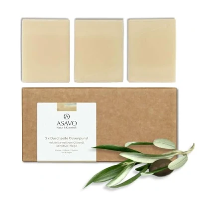 Abbildung von ASAVO Premium Olivenölseife, handgemachte BIO Seife mit extra nativem Olivenöl, 100% Naturseife, Olivenseife ohne Parfümzusatz, vegan, 3x95g