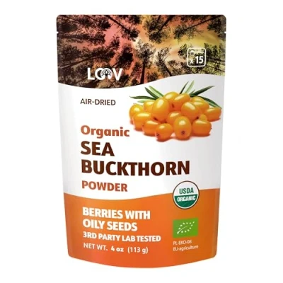 Abbildung von LOOV Bio Sanddornpulver, ballaststoffreich, aus 100% ganzen Beeren, 113 g, im nordischen Klima angebaut, reich an Omega, Vitamin C, E, Vorrat für 23 Tage, ohne Zuckerzusatz, gentechnikfrei