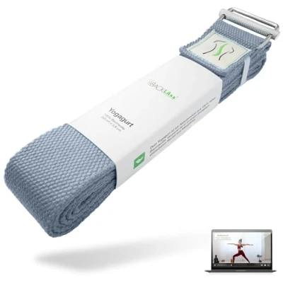 Abbildung von BACKLAXX ® Yoga Gurt Baumwolle (blau) Nachhaltiges Zubehör Set, Yogagurt 250 cm lang mit praktischem Verschluss aus Metall Set ideal für Yoga, Pilates und Dehnen inkl. Anwendungsvideo