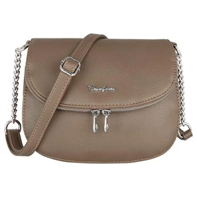 Abbildung von David Jones Damen Kleine Umhängetasche Frau Handtasche PU Leder Schultertasche Elegante Tasche Klappe Zip Reißverschluss Crossbody Bag Abendtasche Clutch Pochette Handy Stadt Taupe Braun