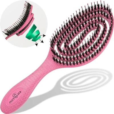 Abbildung von MarQus Bio Haarbürste mit Wildschweinborsten und Spiralfeder Entwirrbürste für jeden Haar Typ Glanz Volumen ohne Ziepen, Farbe Pink