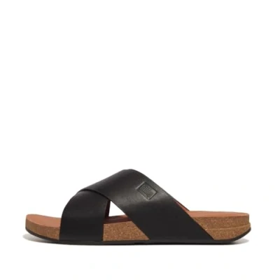 Abbildung von Fitflop Herren Iqushion Men&#039;s Leather Cross Slides Schiebe Sandalen, Schwarz, 43 EU