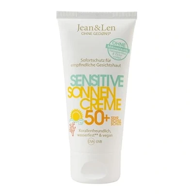Abbildung von Jean &amp; Len Sensitiv Sonnencreme 50+ LSF wasserfest, Sofortschutz für empfindliche Gesichtshaut, Sonnenschutz ohne Silikone, Nanopartikel, Octocrylen, Mikroplastik, vegan, Reisegröße 50 ml
