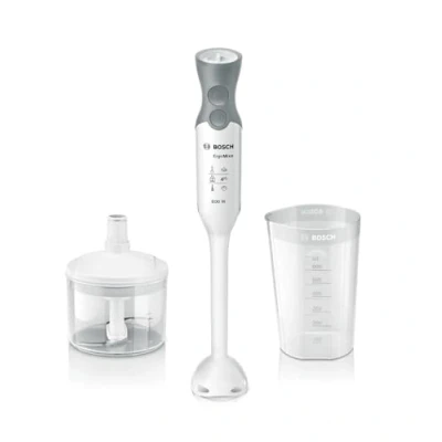 Abbildung von Bosch Stabmixer ErgoMixx MSM66020, Mixfuß, Mix und Messbecher, 4 Klingen Messer, ergonomisches Design, 12 Stufen plus Turbo, 600 W, weiß/grau
