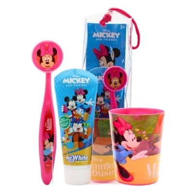 Abbildung von Mr.White Minnie Beutel Set für Kinder, reisefreundlich, inklusive Handzahnbürste mit Saugnapf, Reisekappe, milder Zahnpasta Minzgeschmack, 75 ml und 1 Becher perfekt als Geburtstagsgeschenk
