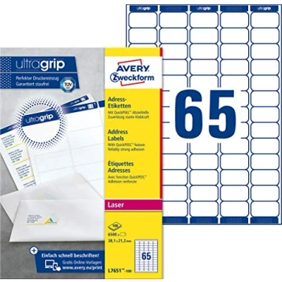 Abbildung von AVERY Zweckform L7651 100 Adressetiketten/Adressaufkleber (6.500 Etiketten mit ultragrip, 38,1x21,2mm auf A4, bedruckbar, selbstklebend, für Absenderetiketten, Papier matt) Blatt, weiß