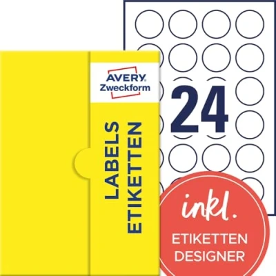 Abbildung von AVERY Zweckform P3415 25 runde Etiketten (600 Klebepunkte, Ø40mm auf A4, Aufkleber zum Bedrucken, selbstklebende Produktetiketten, permanent haftende Marmeladenetiketten) Blatt, weiß