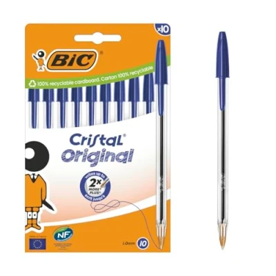 Abbildung von BIC Cristal Original Kugelschreiber mit mittlerer Spitze (1,00 mm), sechseckigem Schaft und passender Kappe Blau, Kartonschachtel à 10