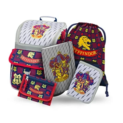 Abbildung von Baagl Schulranzen Jungen Mädchen Set 5 Teilig Schultasche ab 1. Klasse Grundschule Ranzen mit Brustgurt Ergonomischer Schulrucksack (Harry Potter Gryffindor)
