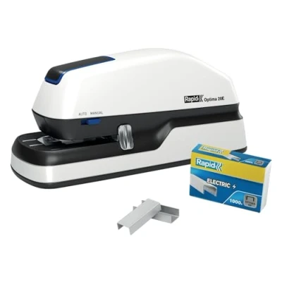 Abbildung von Rapid Optima 20E Elektrischer Tacker, Set aus Tacker und 1000 x Heftklammern, Kapazität 20 Blatt, mit LED Anzeige, ideal für Büro Home Office, 5 Jahre Garantie, Weiß, 2102351