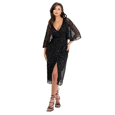 Abbildung von Maya Deluxe Damen Womens Midi Dress Ladies Sequin Embellished Cape Sleeve Wrap for Wedding Guest Bridesmaid Cocktail Prom Evening Kleid, Schwarz, 38 EU