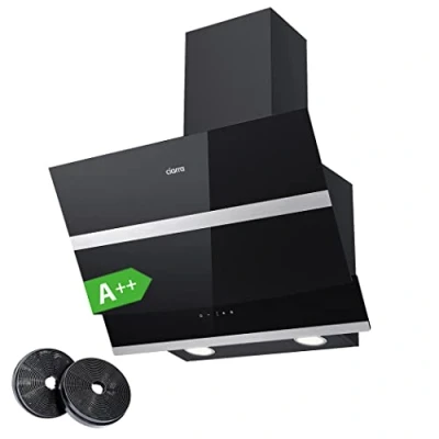 Abbildung von CIARRA CBCB6736N A+++ Kopffreie Schräghaube Dunstabzugshaube 60 cm 650 m3/h Touch Control Dimmbar LED Beleuchtung Abluft Umluft mit CBCF003 Aktivkohlefilter Glas Schwarz