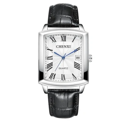 Abbildung von JewelryWe Uhren Herren Leder Rechteckig: 30m wasserdichte Kalender Analog Quarz Armbanduhr Männer Schwarz Echtleder Armband Uhr Herrenuhr mit Weiß Rechteck Römischen Zahlen Zifferblatt