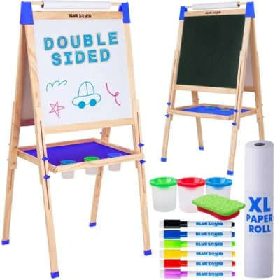 Abbildung von Kunst Staffelei für Kinder mit Zubehör Doppelseitige hölzerne Tafel magnetischer Kreidetafel, abwischbarem Whiteboard &amp; Papierrolle, Kindertafel Kreide und Magnet 2 4 8 9 12