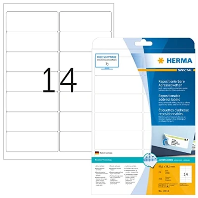 Abbildung von HERMA 10016 Universal Etiketten ablösbar, 25 Blatt, 99,1 x 38,1 mm, 14 pro A4 Bogen, 350 Stück, selbstklebend, bedruckbar, matt, blanko Papier Klebeetiketten Aufkleber, weiß