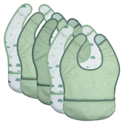 Abbildung von MiaMia Baby Lätzchen Set ärmellos / 5x Babylätzchen mit Auffangschale und Klettverschluss, OEKO TEX® Standard 100 geprüft, abwaschar Grün