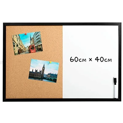 Abbildung von DOEWORKS 60 x 40cm Kombitafel Kork Pinnwand Magnetisches Whiteboard und Korktafel Kombi Set, mit Schwarzem Holzrahmen
