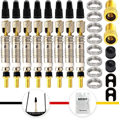 Abbildung von ANYKING 8X Französische Ventile Presta Sclaverand Fahrradventil Ersatz Set Premium: Ventileinsatz, Ventil Schlüssel, Schutz Kappe, Auto Adapter SV AV Aufsatz Tubeless, Werkzeug Tool
