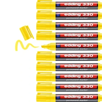 Abbildung von edding 330 Permanentmarker gelb 10 Stifte Keil Spitze 1 5 mm wasserfest, schnell trocknend wischfest für Karton, Kunststoff, Glas, Holz, Metall, Glas