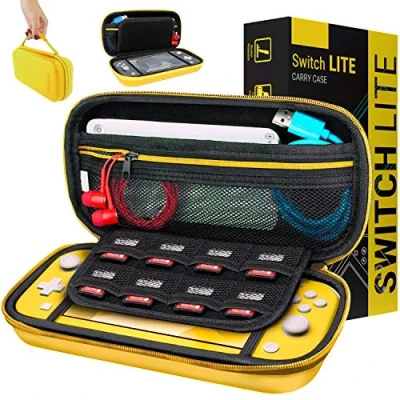 Abbildung von Orzly Schutzhülle für Nintendo Switch Lite, Deluxe, Hartschale, mit Reißverschluss, aus langlebigem Material, stoßfest, die Konsole Lite (2019) und Zubehör Gelb