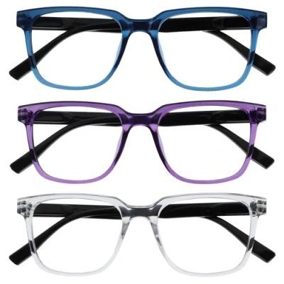 Abbildung von OPULIZE LEO Lesebrille 3er Pack Großes Rechteckiges Gestell Blau, Lila, Klar Herren Damen Federscharniere RRR55 35C +2.00