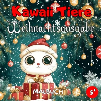 Abbildung von Kawaii Tiere Weihnachtsausgabe Malbuch: Tiermalbuch Weihnachtsmalbuch 50 Süße und Festliche Designs für Kinder ab 5 Jahren