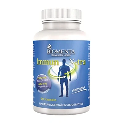 Abbildung von BIOMENTA Immun X tra 90 Beta Glucan Kapseln hochdosiert 1.500 mg pro Tagesverzehr mit Vitamin C, Zink, Selen vegetarisch Premiumqualität