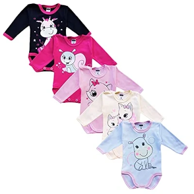 Abbildung von MEA Baby Unisex Langarm Body aus 100% Baumwolle im 5er Pack, mit Aufdruck, für Mädchen, Jungen (68, Mädchen 3)