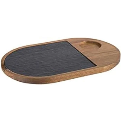 Abbildung von APS Servierbrett 2 teilig, 28 x 17,5 cm, Absatz Ø 5 rustikales Holzbrett, Schneidebrett aus Akazienholz, Brett Holz mit Naturschieferplatte