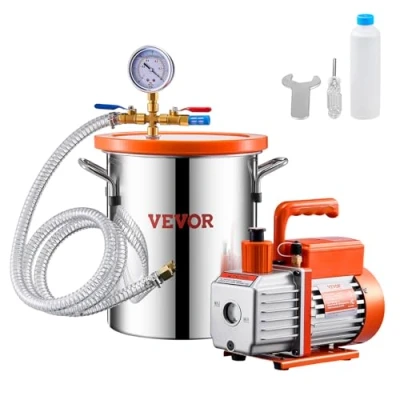 Abbildung von VEVOR 11,36L Vakuumkammer &amp; 3,5 CFM Pumpe, Edelstahlkammer, einstufiges Vakuumpumpen Entgasungskammerset, mit Acryldeckel, Öl, 1,5 m Schlauch, Vacuum Pump Kit zum Entgasen von Harz Silikon Epoxiden