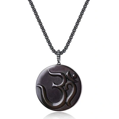 Abbildung von COAI Geschenkideen Unisex Glückskette mit Rundem Anhänger aus Obsidian OM Amulett Halskette 6Ocm