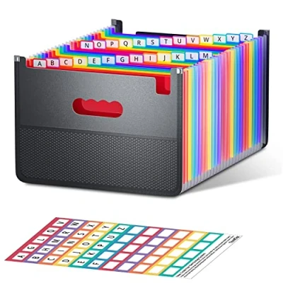 Abbildung von 26 Fächern Ordner/Dokumentenmappe,A4 Sortiermappe Fächermappe Datei Organizer mit Netztasche,Schreibtisch Organizer/Aktentasche Mappe,Dokumententasche Aktenmappe Ordnungsmappe bunten Labeln