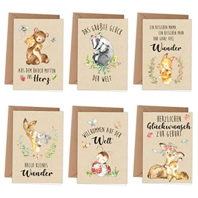 Abbildung von Papierdrachen Glückwunschkarten zur Geburt 6 verspielte Grußkarten als Klappkarte inklusive Umschlag des Babys Stilvolles Design Motiv Waldtiere
