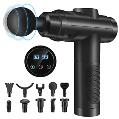 Abbildung von Massagepistole, Muskel Percussion Massagegerät mit 30 Geschwindigkeiten Leise Handmassagegeräte Massage Pistole LCD Touchscreen 10 Köpfe Gun für Schulter Körper Rücken Entspannung
